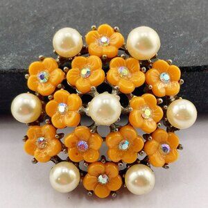 VINTAGE Orange plastic, faux pearl, clear AB rhinestone flower cluster brooch
